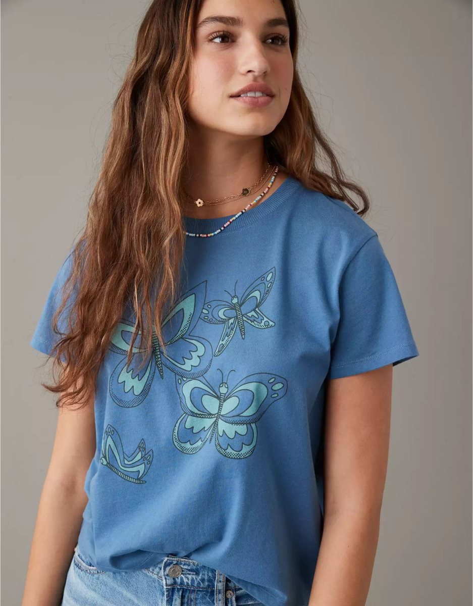 T Shirts American Eagle AE Graphique Tee Bleu Femme | QQV-54818900